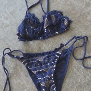Women’s Navy Lace Triangle Bikini Set Size Small
